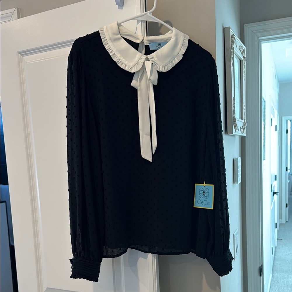 CeCe Black Blouse with Peter Pan Collar and Tie Front
